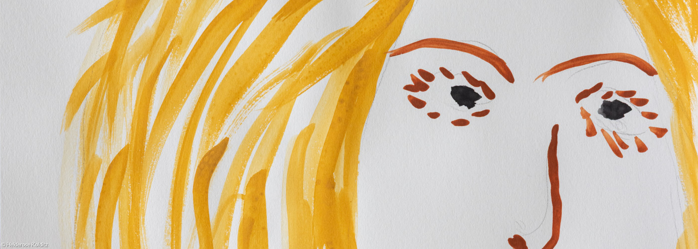 Farbzeichnung einer blonden Frau mit blauer Kette