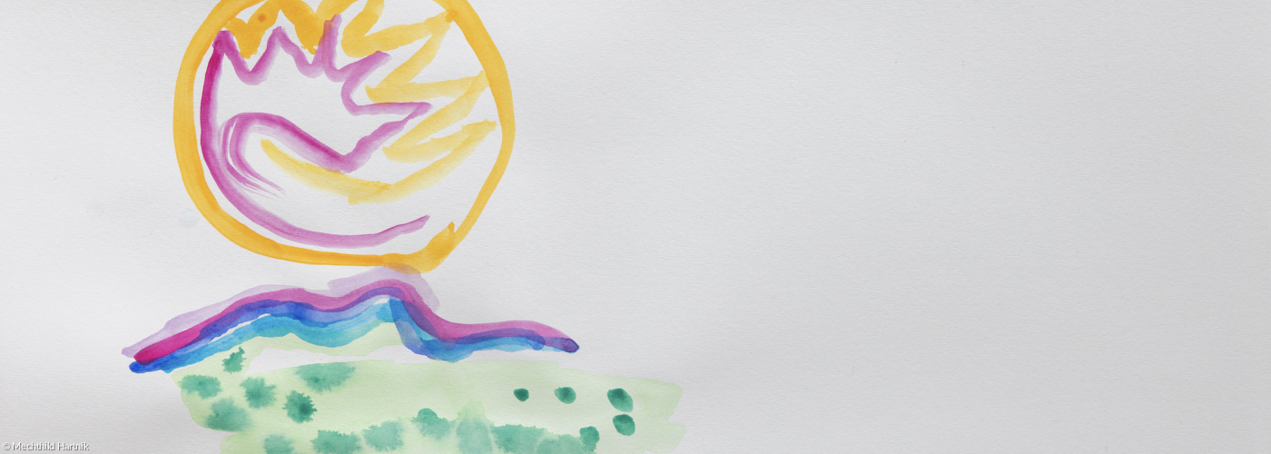 Kreis mit Flammen auf Hügel, Aquarell