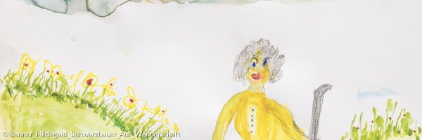 Aquarell Frau mit Hirtenstab zwischen Grashügeln