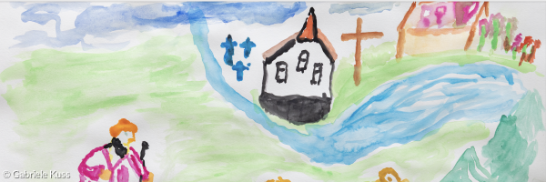 Hirte und Kirche auf dem Berg Aquarell
