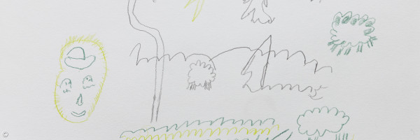 Blei- und Buntstiftzeichnung Schafe und Hirte