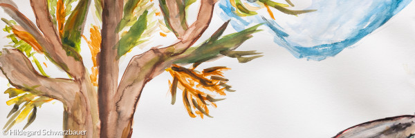 Herbstlicher Baum neben Weg, Wasserfarben