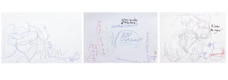 Drei Zeichnungen mit Linien und Worten, meist Bleistift, mit roten und blauen Elementen.