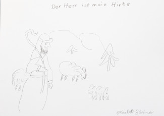 Hirte und Schafe, Bleistiftzeichnung