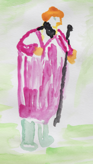 Aquarellzeichnung Hirte in rosa Mantel mit Stab