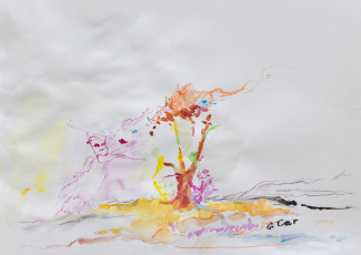 fast abstraktes, farbenfrohes Bild, Engel und Baum