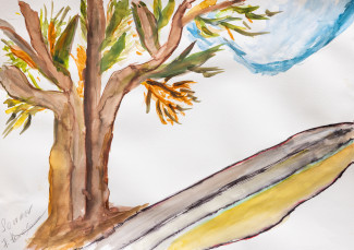 Herbstlicher Baum neben Weg, Wasserfarben
