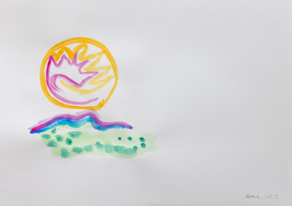 Kreis mit Flammeninnerem auf grünem Hügel, Aquarell